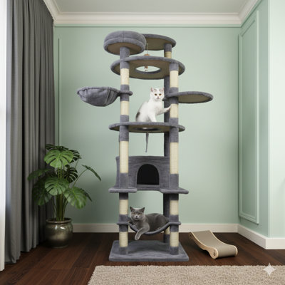 Tour pour arbre à chat 78,8 pouces gris foncé avec une base large et stable, comprend un condo spacieux, 12 poteaux à griffes enveloppés de sisal, un grand hamac, une plateforme généreuse, plusieurs perchoirs de repos et des jouets interactifs