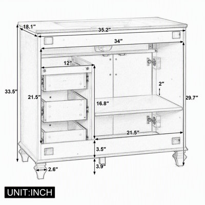 Meuble-lavabo de 91 cm (36 po) avec lavabo en céramique, armoire en bois massif avec tiroir rabattable et 2 portes, tiroirs à coulisse fluide, pieds surélevés, compatible avec robinetterie de 20 cm (8 po)