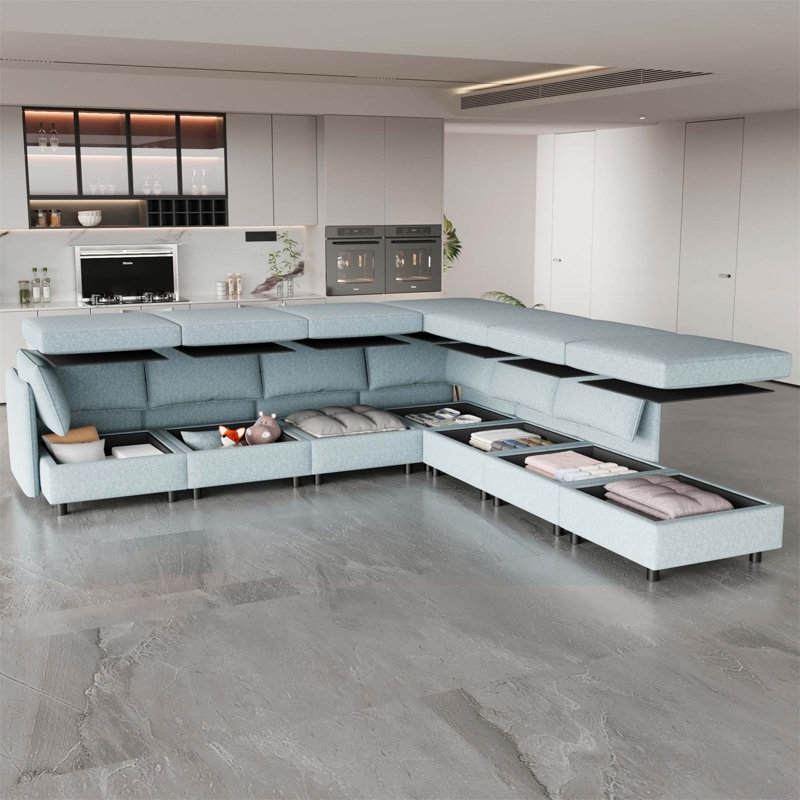 Canapé modulaire modulaire avec rangement pour le salon, Tissu bleu