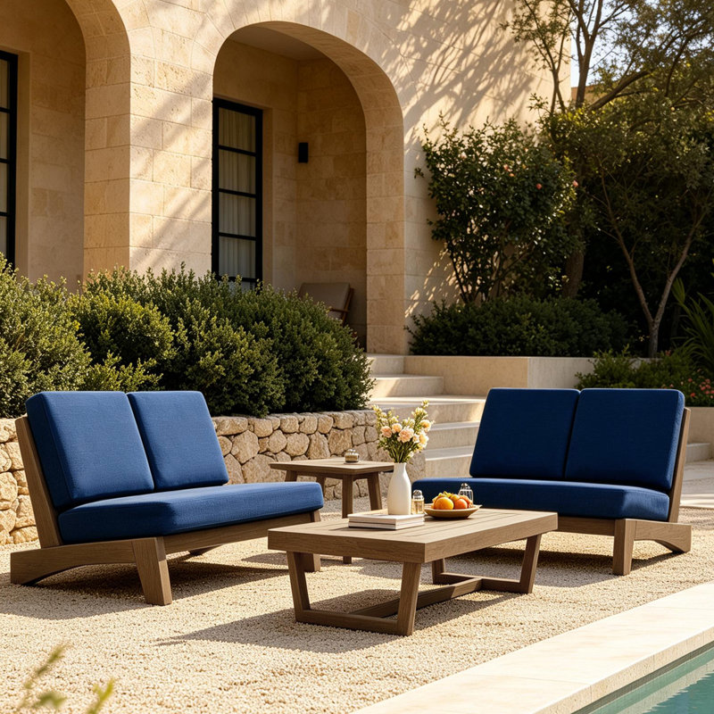 Ensemble de conversation Polett, 4 pièces: 2 tables, 2 causeuses, Navy, Brun