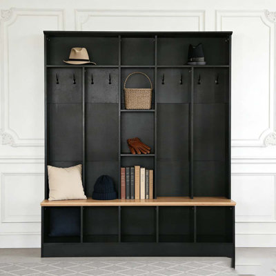Arbre d'entrée large avec banc de rangement, armoire à chaussures minimaliste avec rangement cubique et tablettes