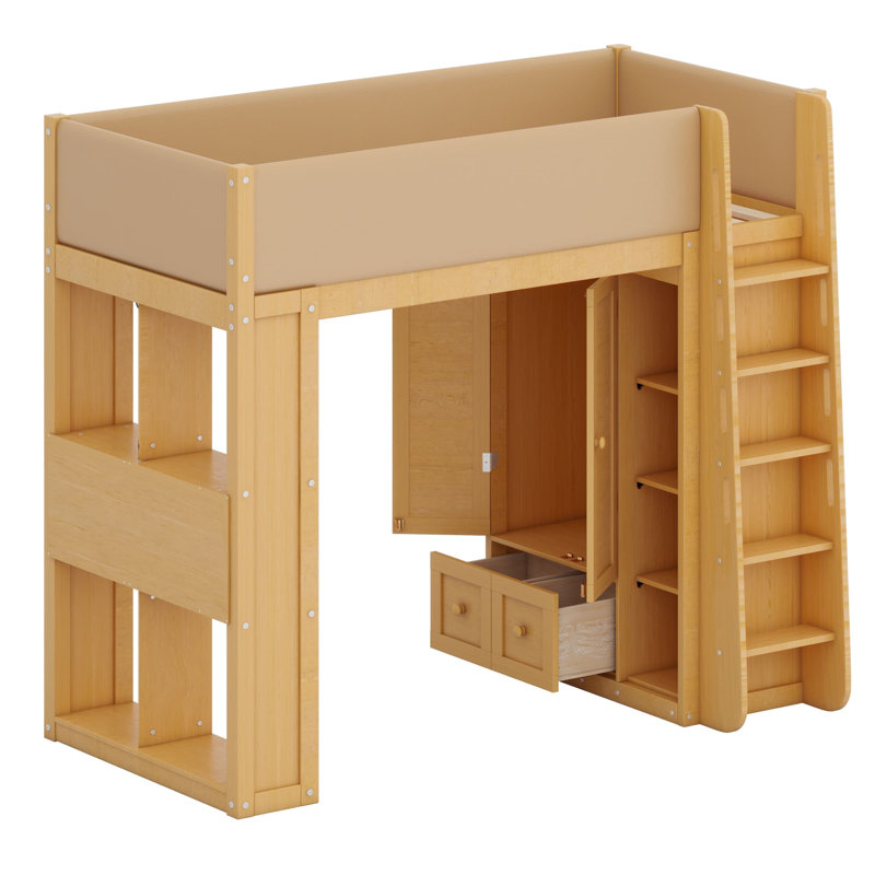Loft Bed with Built-In Ladder, Lit simple, Bois