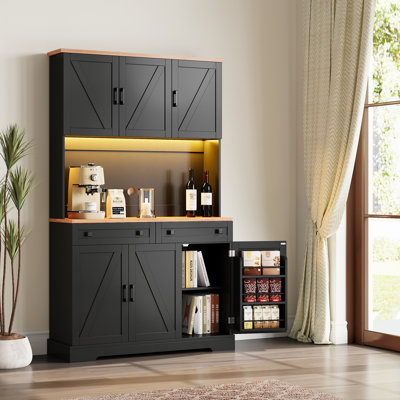 70.8" Built-in Kitchen Pantry With Charging Station, Microwave Shelf and LED Lighting