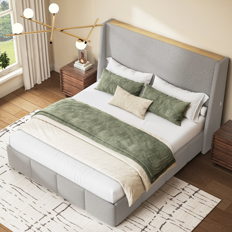 High Headboard Platform Bed Frame Made Of Sherpa, Gray, King