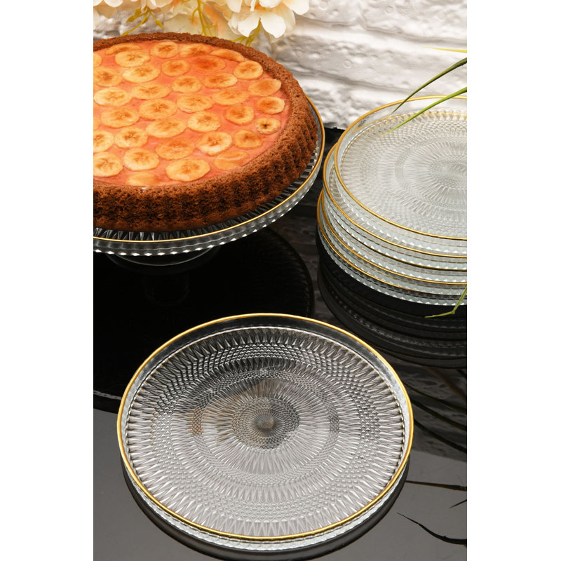 Elegant 7-Piece Cake Serving Set, 100% Glass | Includes 1 Cake Stand (12.9 in) & 6 Plates (8.3 in) | Stunning Transparent Design, Perfect for Weddings & Celebrations, Hand Wash Recommended, Not Microwave Safe