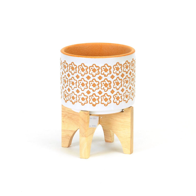 PETIT POT en céramique moutarde sur support en bois, H 7 po x l 5 po x P 5 po
