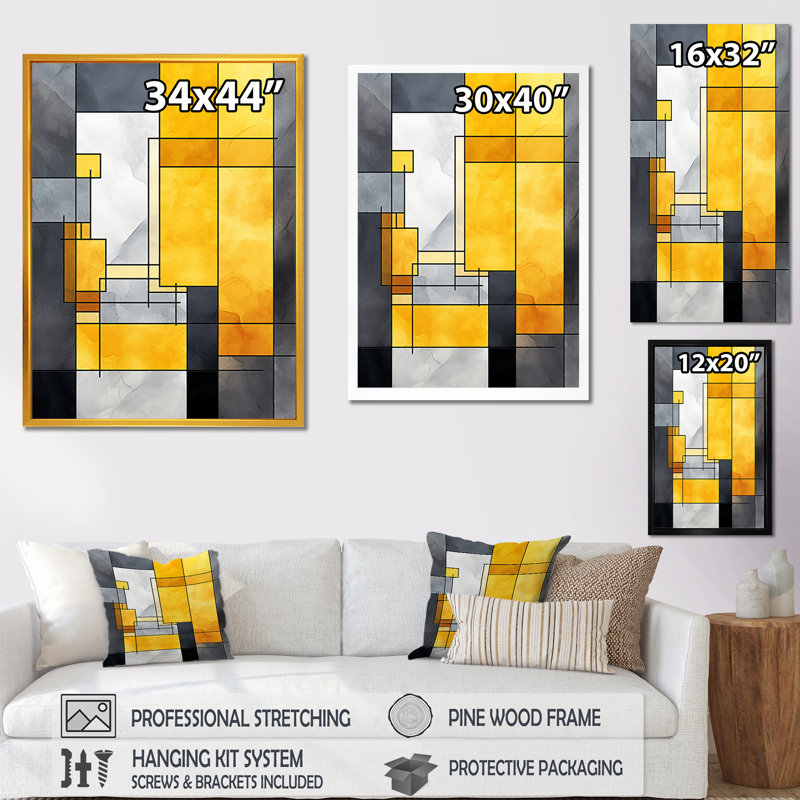 Fusion géométrique jaune et gris 3, Cadre simple noir, H 44 po x l 34 po x P 1,5 po