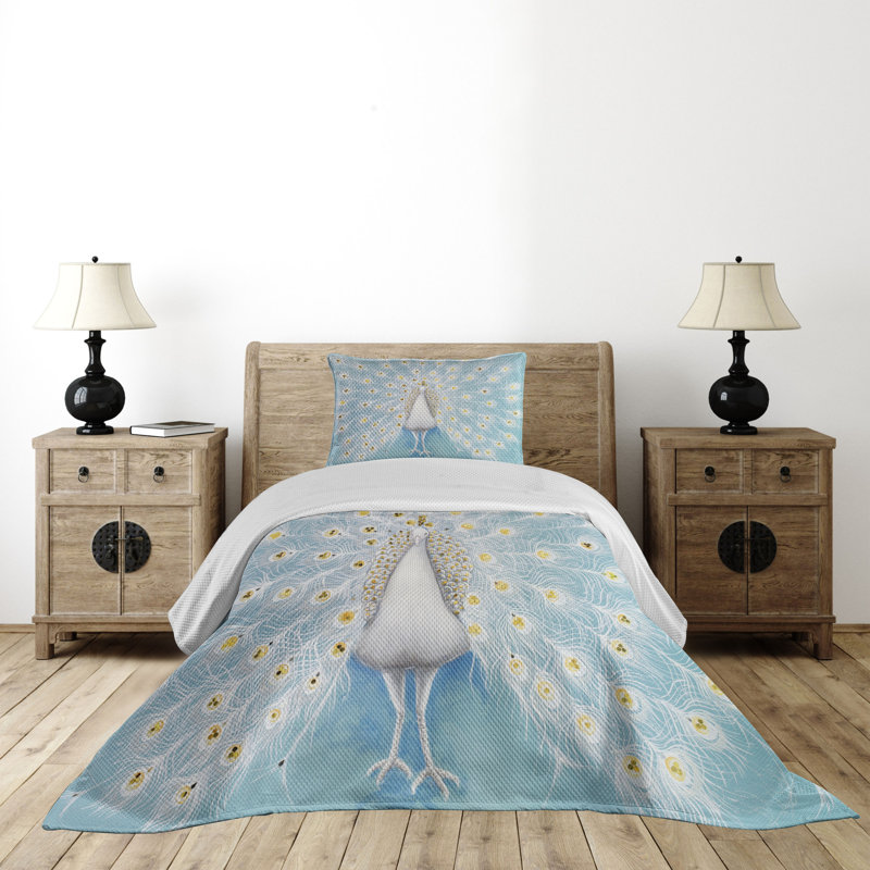 Twin White Microfiber Quilted Peacock Bedspread Set