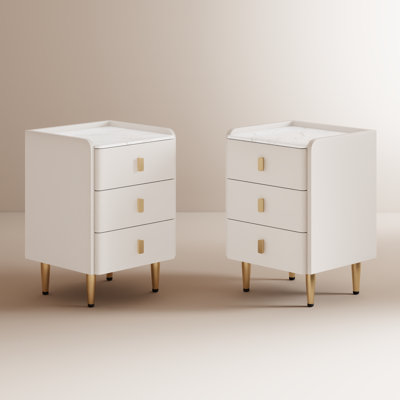 Set of 2 Solid Wood Core Nightstands with Faux Leather Upholstery & Sintered Stone Top