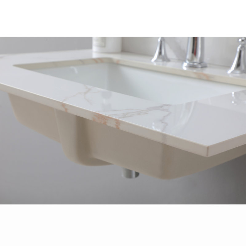 Dessus de meuble-lavabo en pierre Montary de 31 pouces de couleur Carrara avec lavabo en céramique encastré et trou de robinet simple avec dosseret