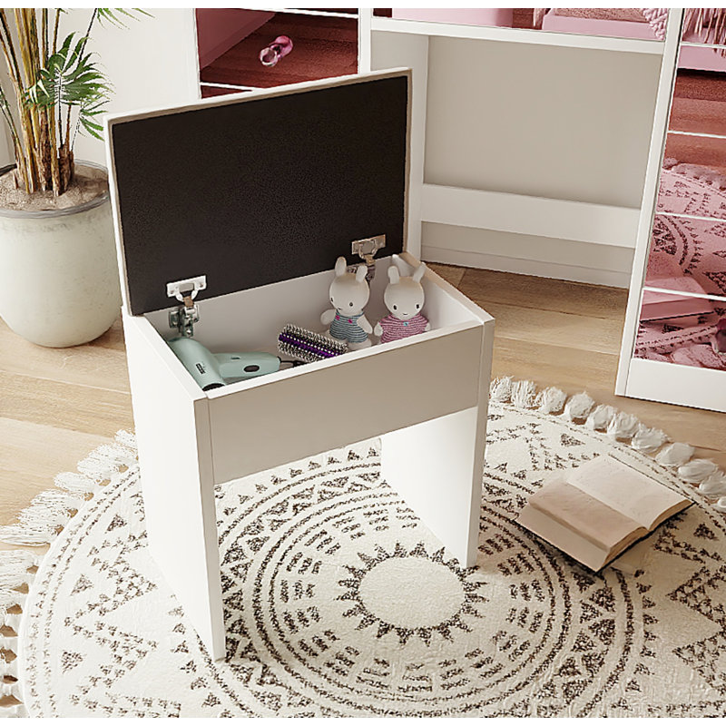 Vanity Desk With Cushioned Stool, Makeup Vanity With 11 Hollywood Bulbs, 3 Color Lighting Modes, Adjustable Brightness