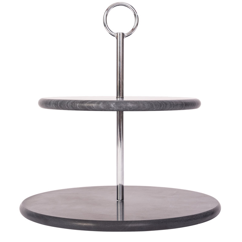 Black Matte Marble 2-Tier Round Dessert Plate with Metal Handle