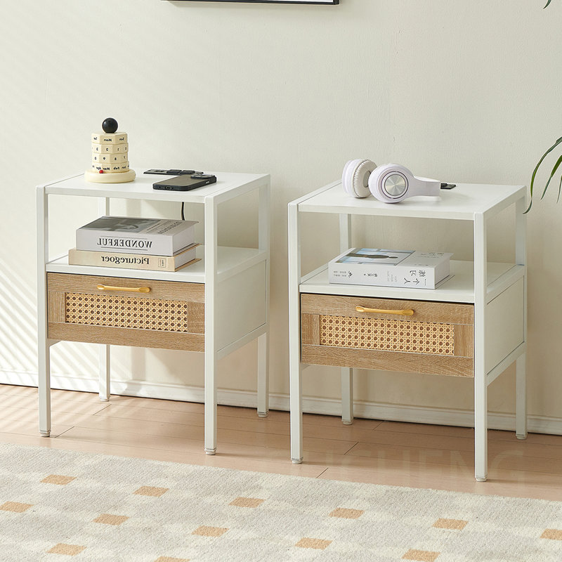 Modern Rattan Side Table with Versatile Functions and Sturdy Construction, White, Set of 2 