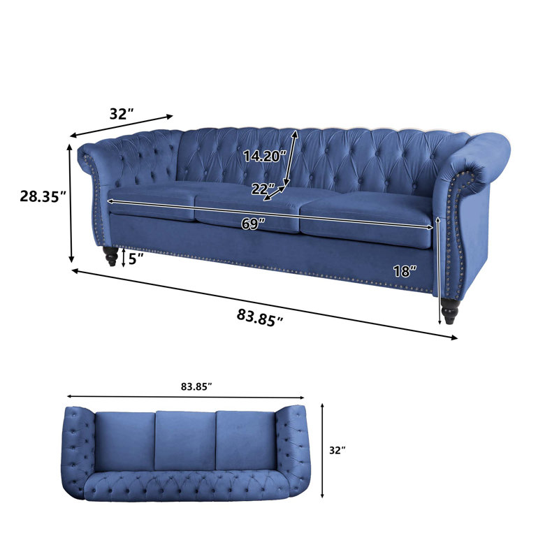 Jemotte 83.85'' Upholstered Velvet Sofa, Blue Velvet