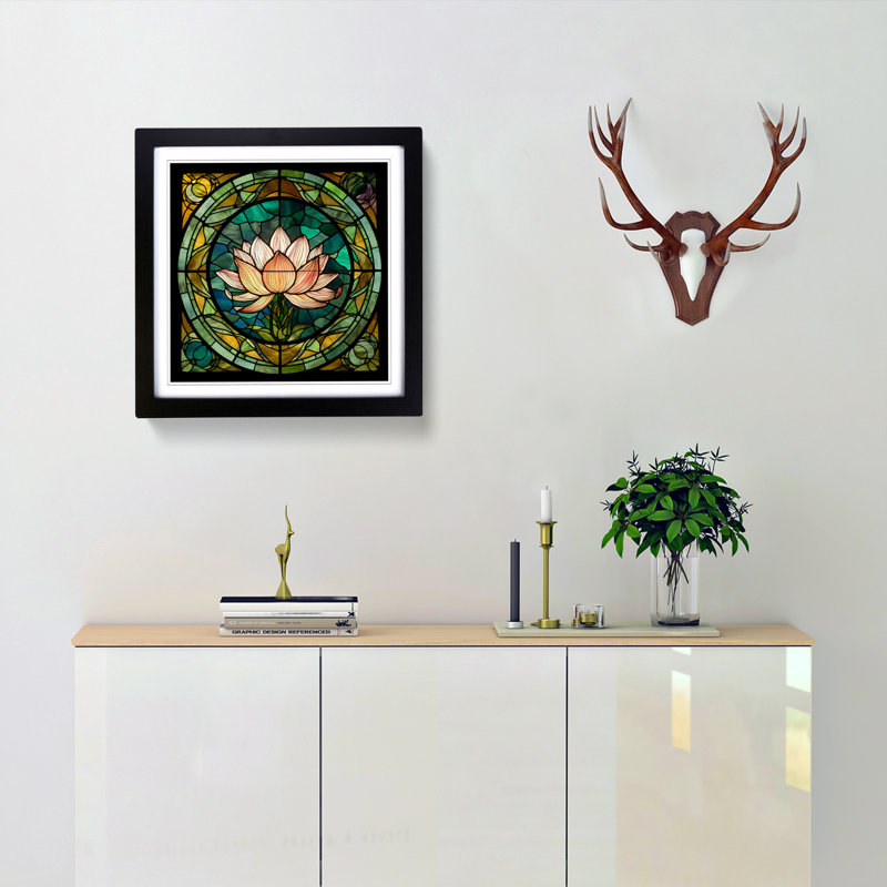 Lotus Flower Stained Glass Effect - Single Picture Frame Print on Wood, Black