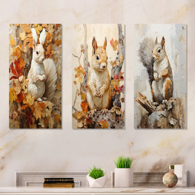 Minimalism Squirrel Beige Painting - Squirrel Metal Prints Set Of 3