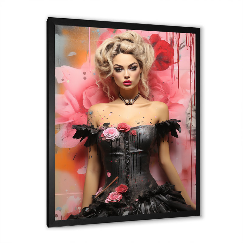 Poupée sensuelle noire et rose II, Cadre simple noir, H 32 po x l 24 po x P 1 po
