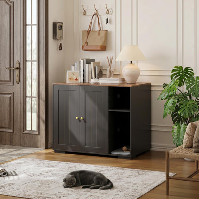 Meuble à litière pour chat avec prise de courant, armoire à litière cachée avec cloison de rangement et portes doubles, table d'appoint en bois pour salle de toilette pour chat