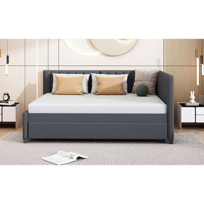 Lit de jour en lin gris avec lit gigogne, aucun besoin de sommier tapissier, conception classique pour la construction et l'utilisation de l'espace Tissu de lit tapissier pleine grandeur