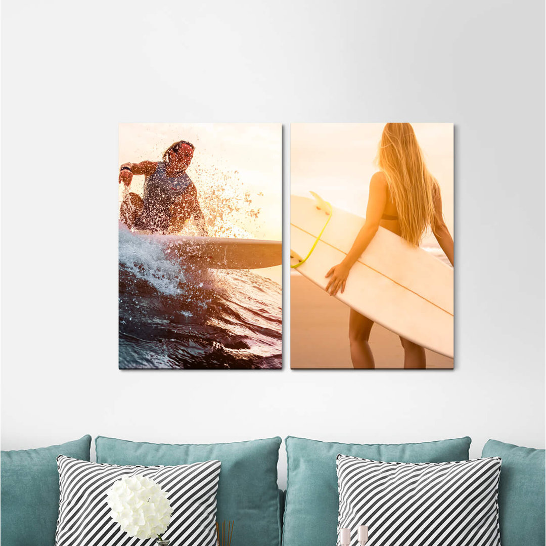 2-tlg. Leinwandbilder-Set - Fotografie „Surfer Surfing Boy Woman Surfboard Beach Sea Summer”