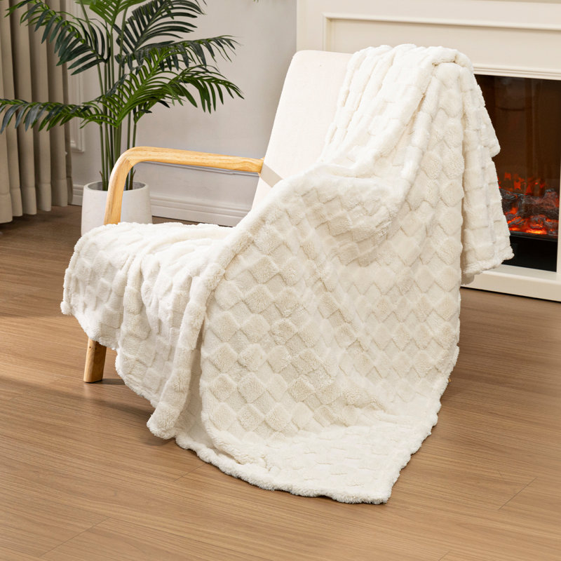 Jeté en molleton doux et confortable 400 g / m² pour canapé, salon et chambre à coucher, Beige / Blanc, Jeté