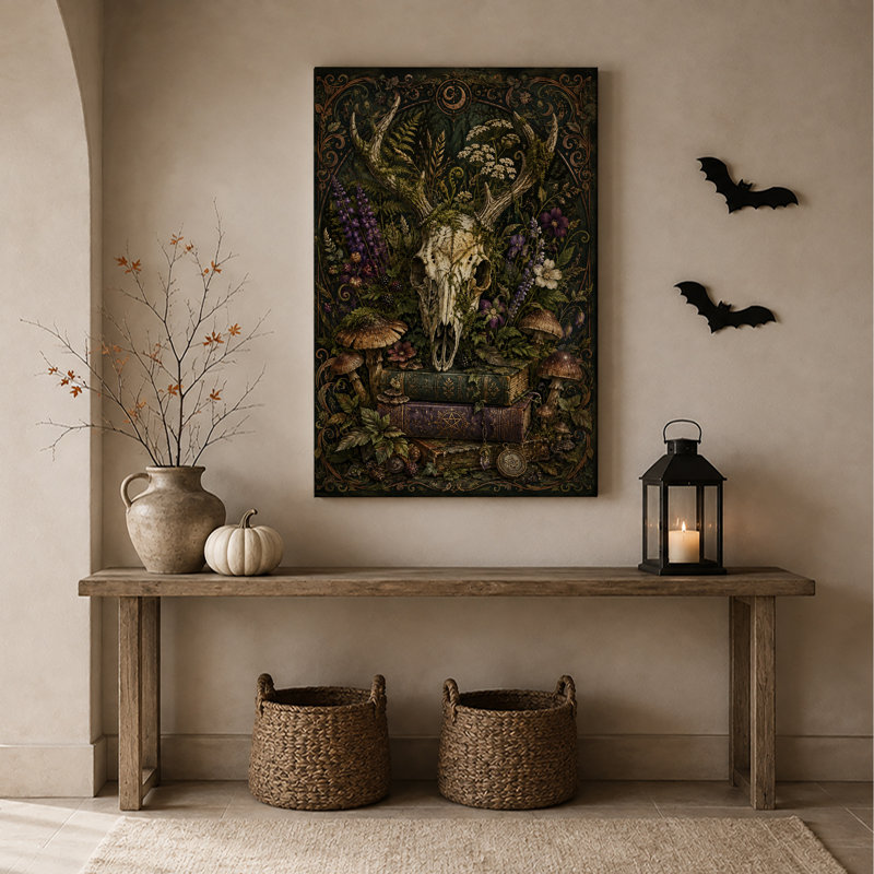Art mural sur toile, crâne de cerf blanc avec bois et champignons sur Halloween, H 40 po x l 28 po