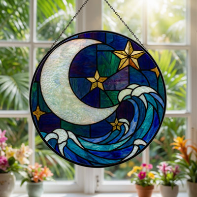 7.8"H Moon Wave Stained Glass Window Panel