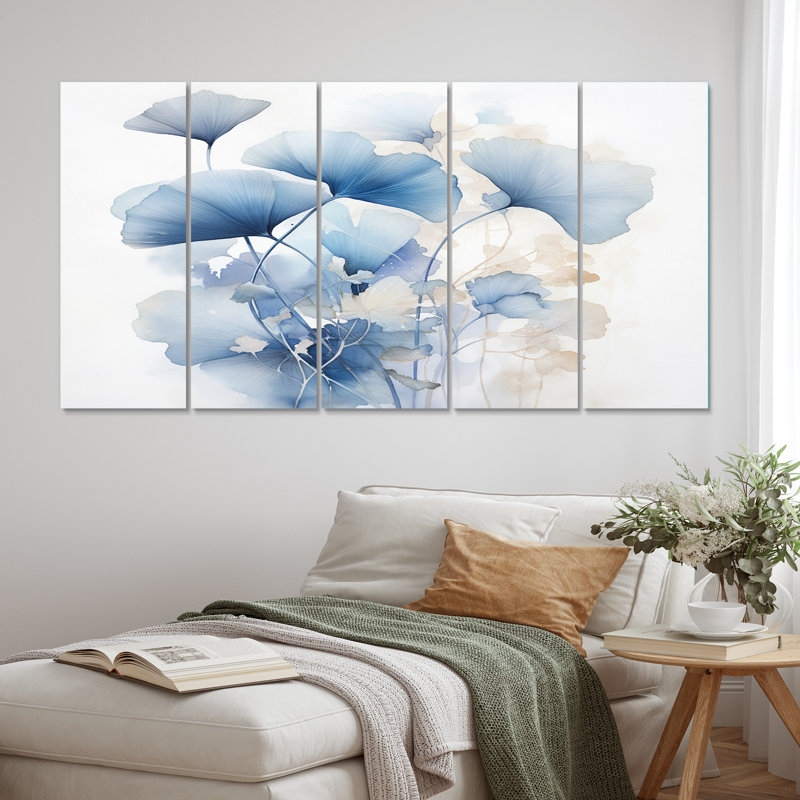Délicates feuilles de ginko bleu sur aquarelle - art mural sur toile - 5 panneaux égaux