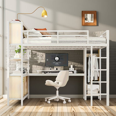 Metal Loft Bed With Wardrobe And L-shaped Desk, Queen Size Loft Bed With Storage Cubes And Shelves, Heavy Duty Loft Bed For Adults