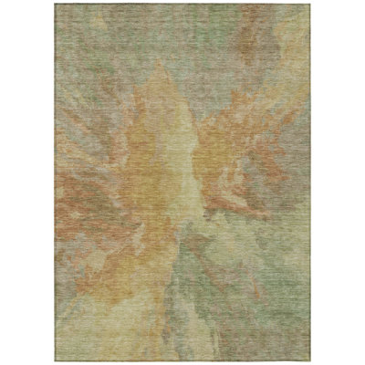 5' X 8' Artichoke Green And Gold Abstract Washable Indoor Outdoor Area Rug