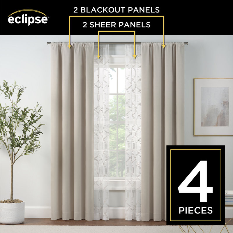 Eclipse Kensett Blackout Curtains with Cable Chain Pattern Sheer Window Panels, 4-Piece Window Curtain Panel Set, Linen