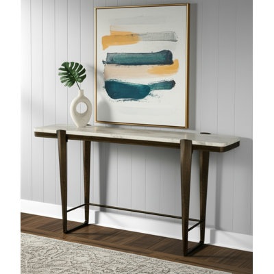 Console Table Metal Aluminum Stone Top Industrial Modern Design For Home Office Bedroom Living Room - Rectangular Accent Furniture With Geometric Legs - 33" Bronze & Multi