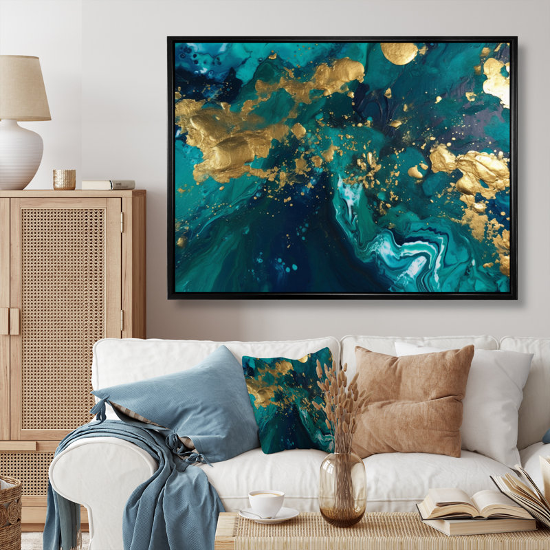 Bleu sarcelle et or liquide Magic II - art mural abstrait, Cadre flottant noir, H 12 po x l 20 po x P 1 po
