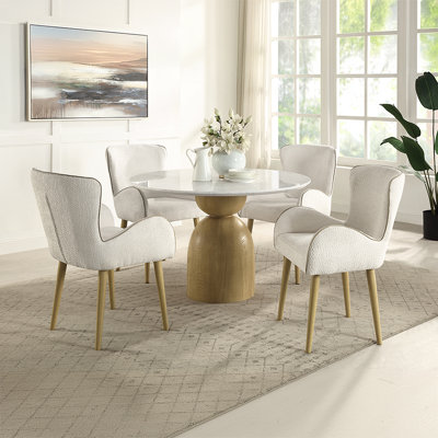 48"Light Luxury Round Sintered Stone Dining Table with Wood-Grain Pedestal Base – Natural Stone Texture Fixed Top, Sturdy & Durable, Dining Room Focal Point, Versatile for Any Home Style