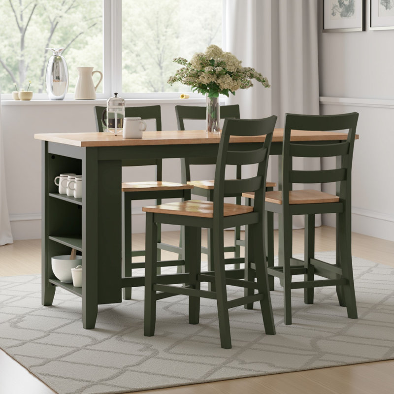 Gasy Counter Height Dining Table, 60 Inch, Mango Wood, Dark Green