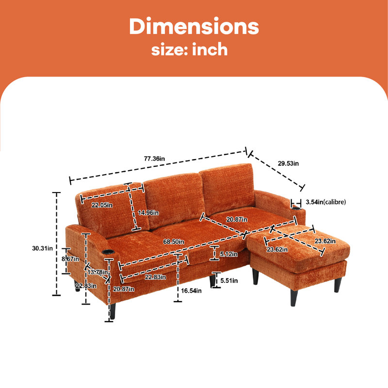 Adylynn Upholstered L-Shaped Sectional, Orange Polyester