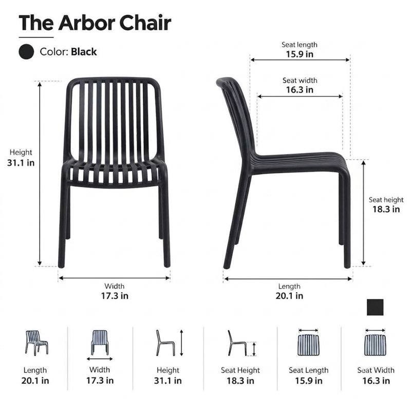 Chaises Arbor noires sans accoudoirs, avec lattes verticales en plastique et design aéré (ensemble de 4), Noir, 4