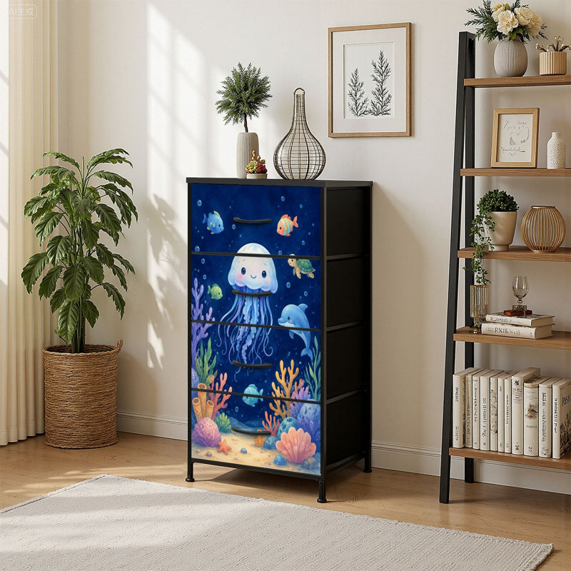 Commode de rangement verticale à 4 tiroirs avec médaillons en tissu