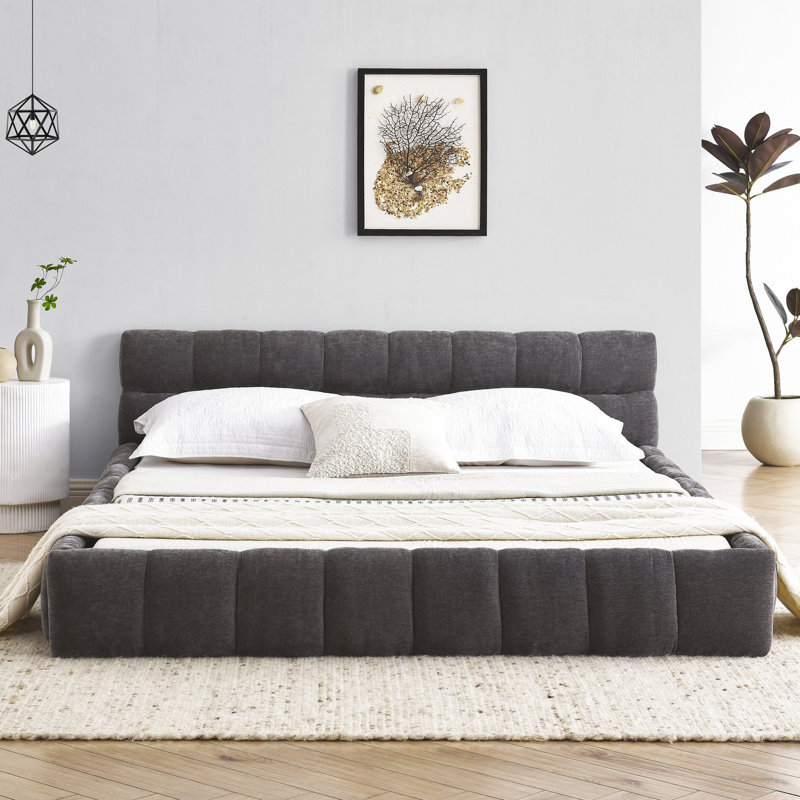 Lit pour grand lit avec lit en chenille, gris foncé, stable et sans sommier pour lit moderne gris, revêtement en tissu de chenille, cadre uni