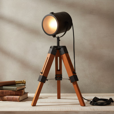 Lampe de table vintage à trépied réglable avec base en bois - Design industriel