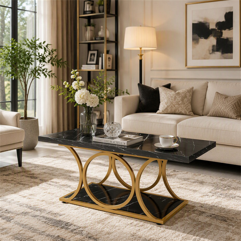 Table basse rectangulaire, centre de 47,24 po avec plateau en faux marbre, Black / Black & Gold