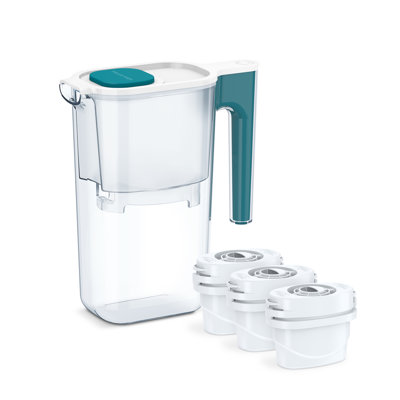 Pichet à filtre à eau parfait pour 6 tasses par Aqua Optima, ergonomique, élimine les éclaboussures et les déversements, sans BPA, certifié Wqa, comprend 3 filtres à eau Evolve +, bleu