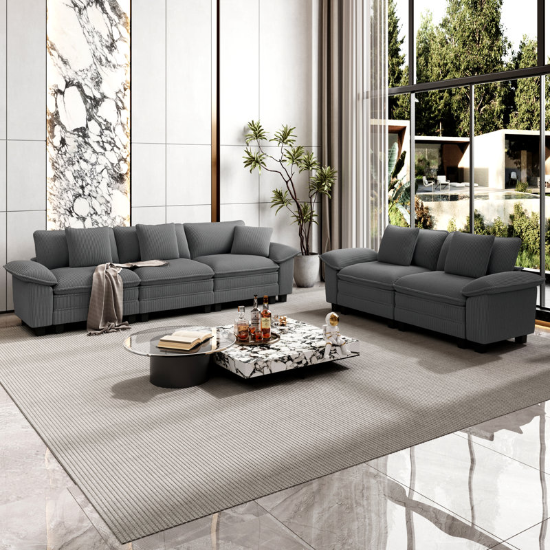 5 - Piece Living Room Set, Light Grey Corduroy