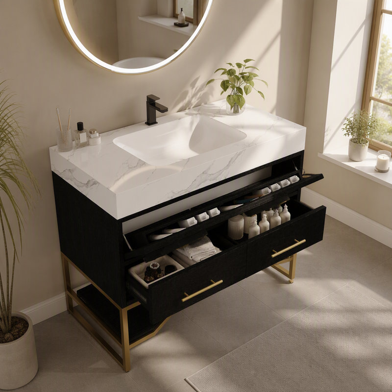 36" Artificial Stone Bathroom Vanity with Ceramic Sink, Modern Bathroom Sink Cabinet with Soft Close Drawers and Open Shelves, Free-standing Bathroom Vanity with Stainless Steel Legs and Large Space S