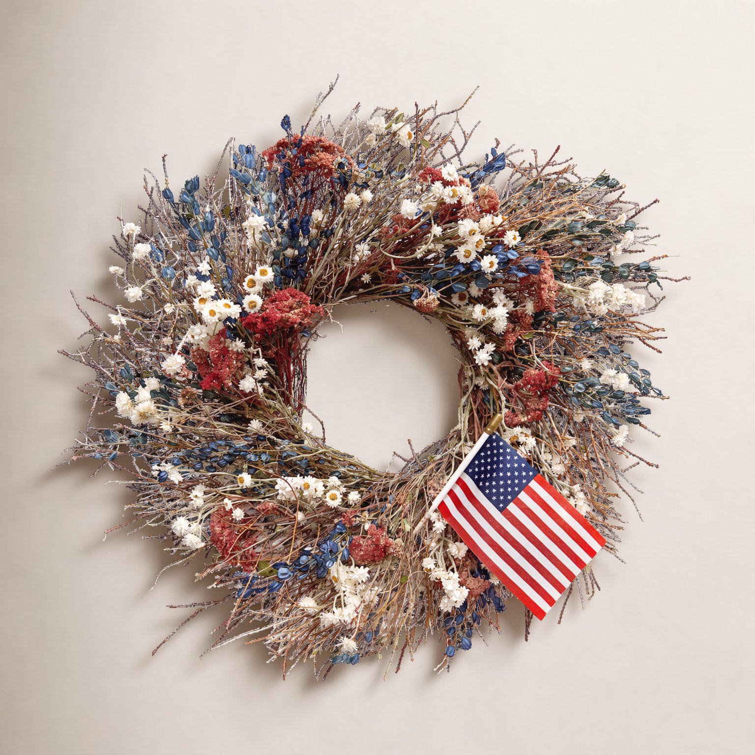 Preserved Patriotic Twigs and American Flag Wreath, 30" W x 30" H x 6" D