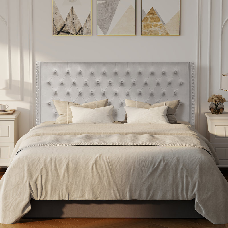 Tufted Wingback Upholstered Headboard with Nailhead Trim, Gray-Velvet, Queen