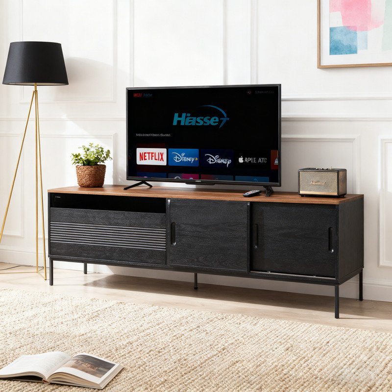 Meuble télé 70 po avec portes coulissantes et structure en métal 70 po, console multimédia Mid-Century pour téléviseur de 75 po ou moins, centre de divertissement