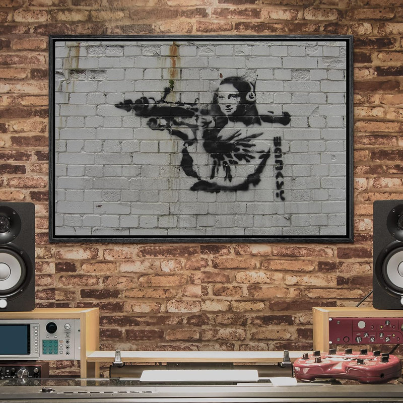 Banksy Mona Lisa avec lance-roquettes sur toile, H 24 po x l 36 po x P 1,5 po, Cadre flottant noir