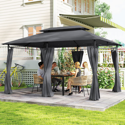 Double Roof Patio Gazebo with Curtains, Grey
