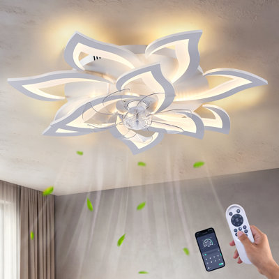 Ventilateur de plafond encastré moderne de 32 po avec lumière, ventilateur de plafond à DEL à conception florale avec télécommande et commande APP, ventilateur de plafond à profil bas à intensité variable avec 6 vitesses pour la chambre à coucher, la cuisine et le salon